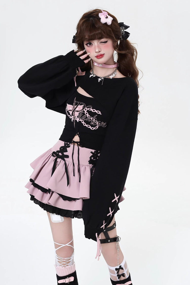 [Rebellious Period] Double-Layered Ruffle Lace-Up Gothic Japanese Lolita Skirt 3 Colors - Product - 7
