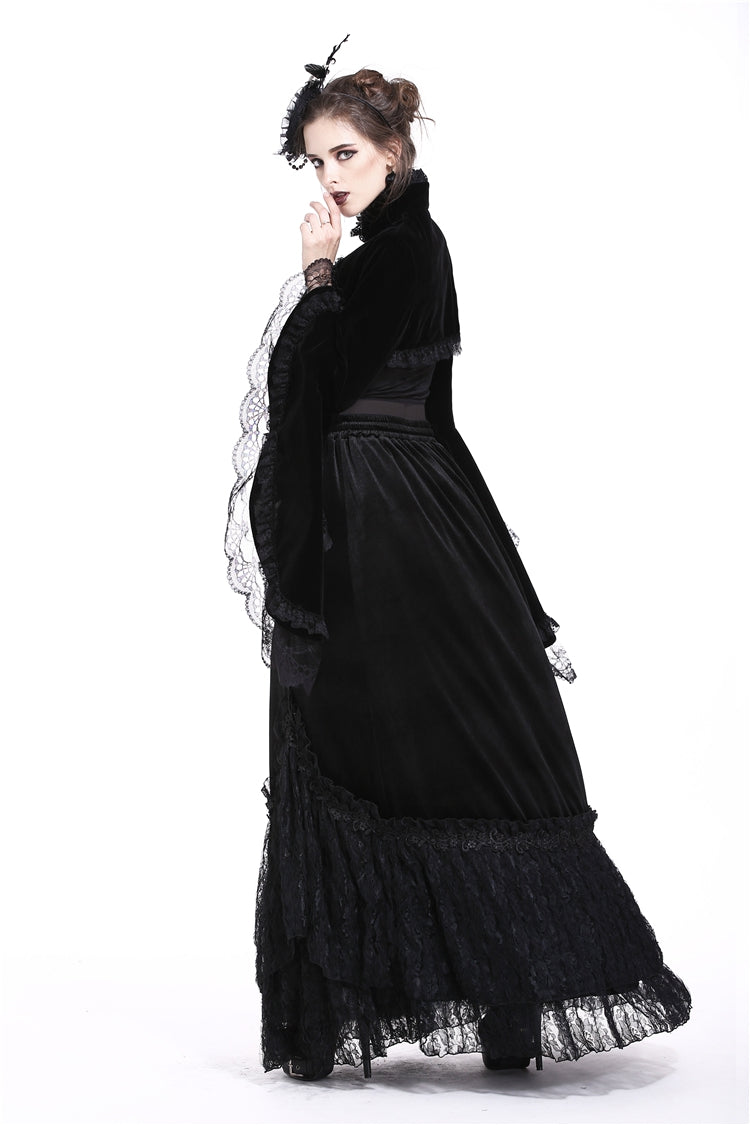 Black Lace Stand Collar Multi-Layered Long Trumpet Sleeves Rosette Velour Women's Gothic Bolero - Product - 11