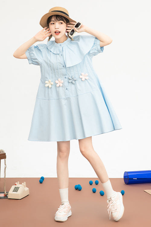 Blue Irregular Ruffled Round Collar Bubble Short Sleeves Waist With Flower Accessories High Waisted Sweet Lolita Dress - Product - 3
