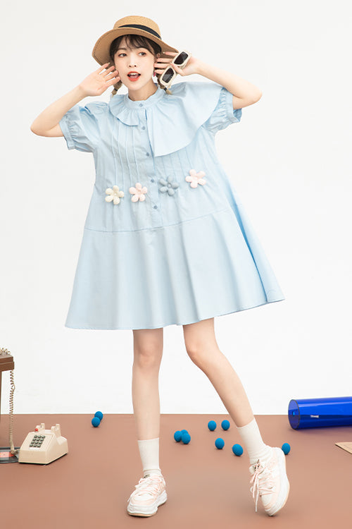 Blue Irregular Ruffled Round Collar Bubble Short Sleeves Waist With Flower Accessories High Waisted Sweet Lolita Dress - Product - 3