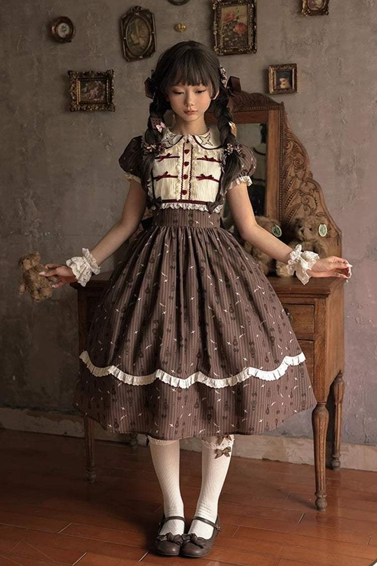 Brown Moro Coco [Hot Air Balloon] Print Ruffle Bowknot Sweet Elegant Princess Lolita Dress Long Version - Brown - 1