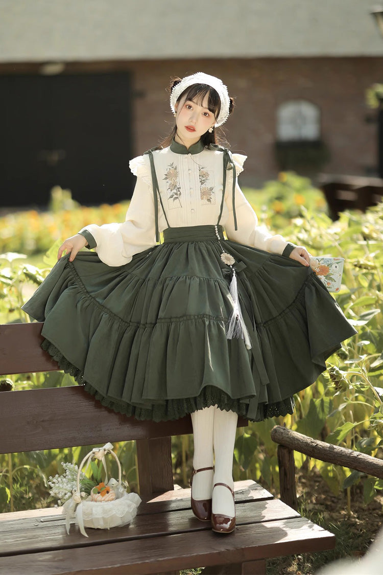 White/Green Country Style Midsummer Sunflower Sweet Lolita Skirt Two-Piece Set - Product - 3