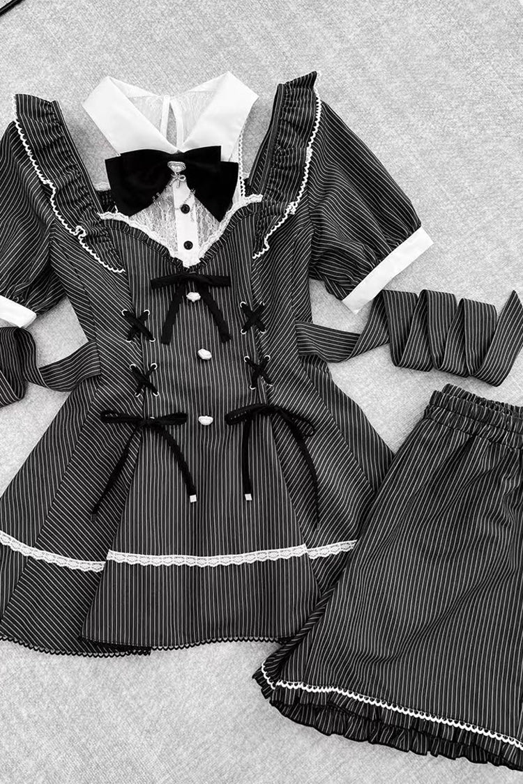 Black [Roman Strings] Short Sleeves Striped Print Bowknot Lace-Up Gothic Jirai Kei Plus Size Dress - Product - 5