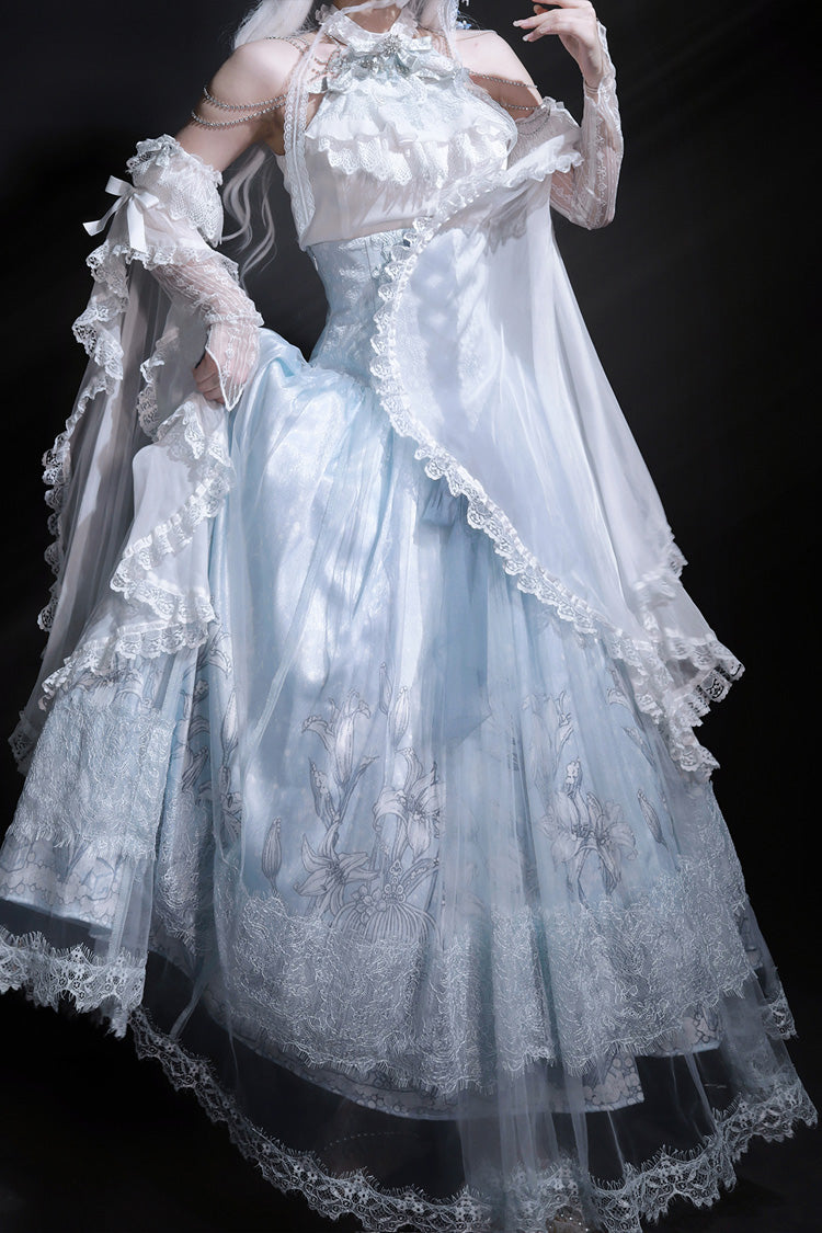 Blue [Snow Lily] Print Ruffle Hanayome Embroidery Bowknot Lace-Up Sweet Elegant Princess Lolita Skirt Set - Product - 11