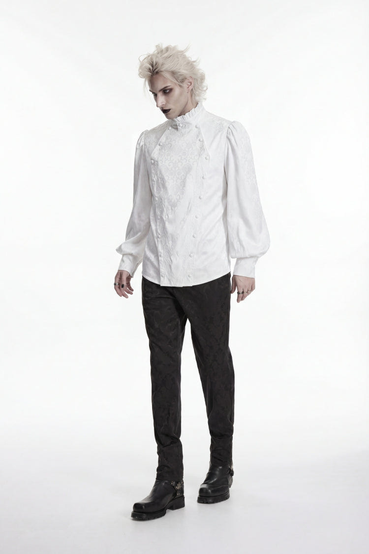 White Stand Collar Long Lantern Sleeves Jacquard Embroidered  Men's Gothic Palace Shirt with Detachable Tie - Product - 7