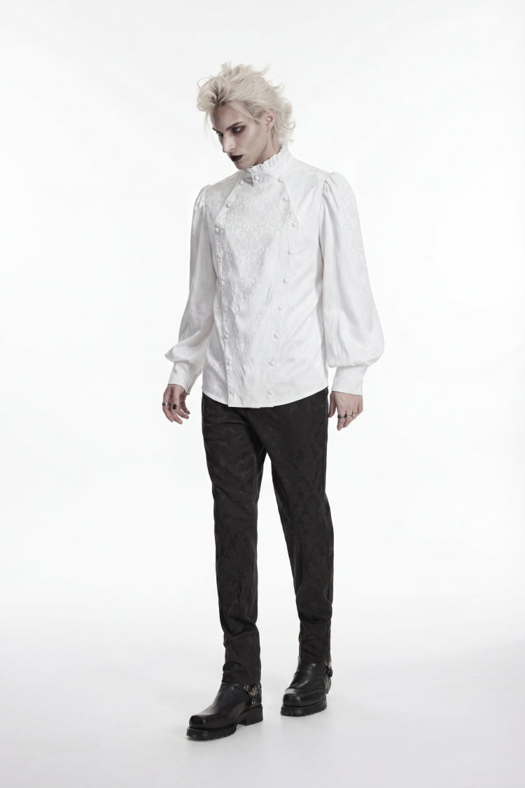 White Stand Collar Long Lantern Sleeves Jacquard Embroidered  Men's Gothic Palace Shirt with Detachable Tie - Product - 7