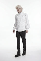 White Stand Collar Long Lantern Sleeves Jacquard Embroidered  Men's Gothic Palace Shirt with Detachable Tie - Product - 7