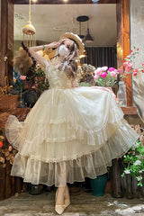 Apricot [Moonlight Sonata] Ruffle Cardigan Bowknot Lace Sweet Vintage Lolita Jsk Dress - Product - 5