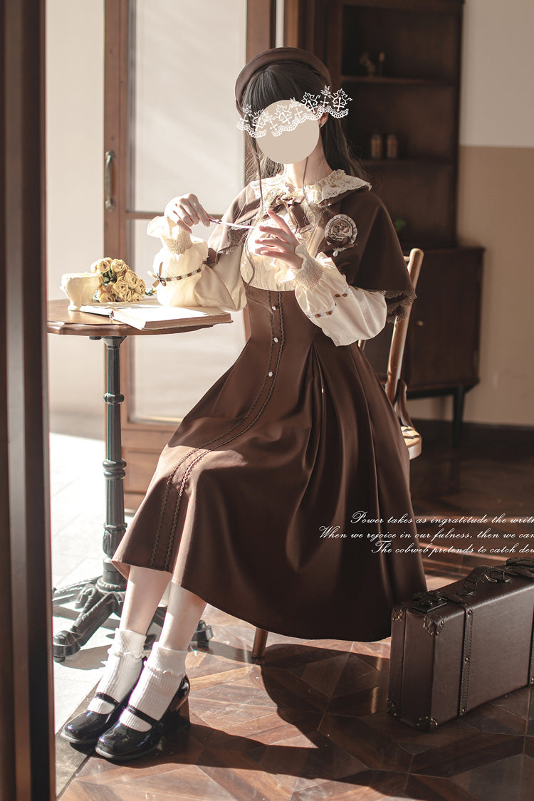 Brown/White [Sunset Academy] Long Sleeves Ruffle Bowknot Fake Two Pieces Vintage College Style Elegant Lolita Dress - Product - 4