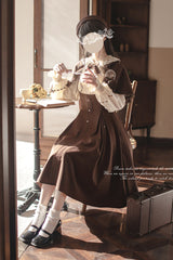 Brown/White [Sunset Academy] Long Sleeves Ruffle Bowknot Fake Two Pieces Vintage College Style Elegant Lolita Dress - Product - 4
