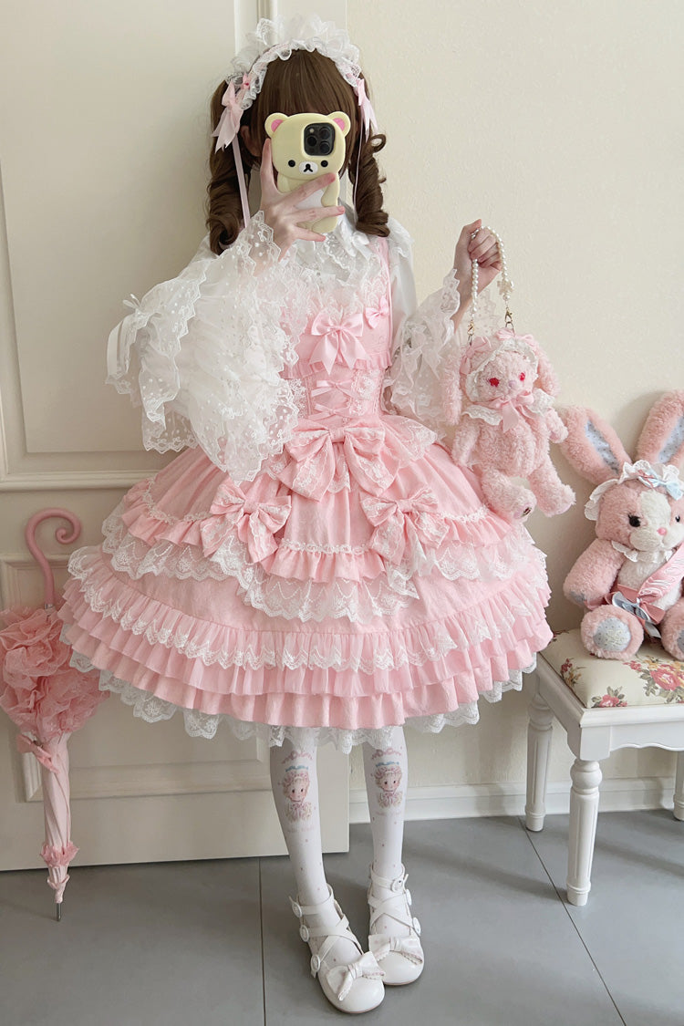 Pink Multi-Layered Ruffle Bowknot Stitching Lace Sweet Lolita Jsk Dress - Product - 6