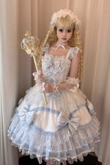 White/Blue [Flower Dream Isle] Square Collar Multi-Layered Ruffled Bow Lace Sweet Lolita Jsk Dress - Product - 2