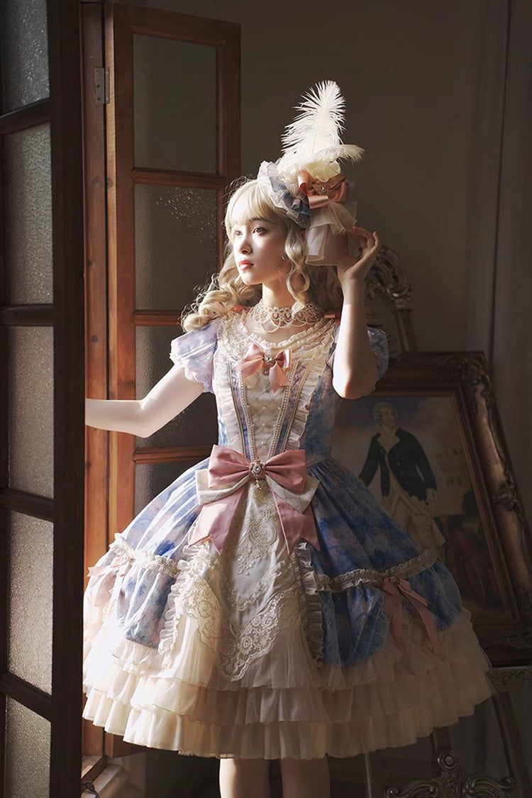 [Angel Heart Sky Oil Painting] Print Ruffle Cardigan Bowknot Sweet Princess Lolita Dress 3 Colors - Product - 7
