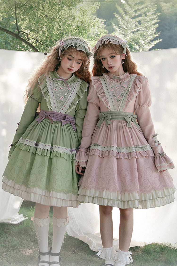 Green [Solitary Orchid In Quiet Valley] Long Sleeves Multi-Layered Embroidery Bowknot Sweet Lolita Dress - Product - 3