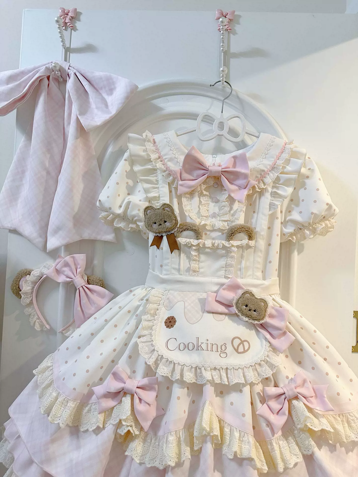 Sweet Pink Polka Dot Ruffled Maid Lolita Dress Set with Apron - view 2