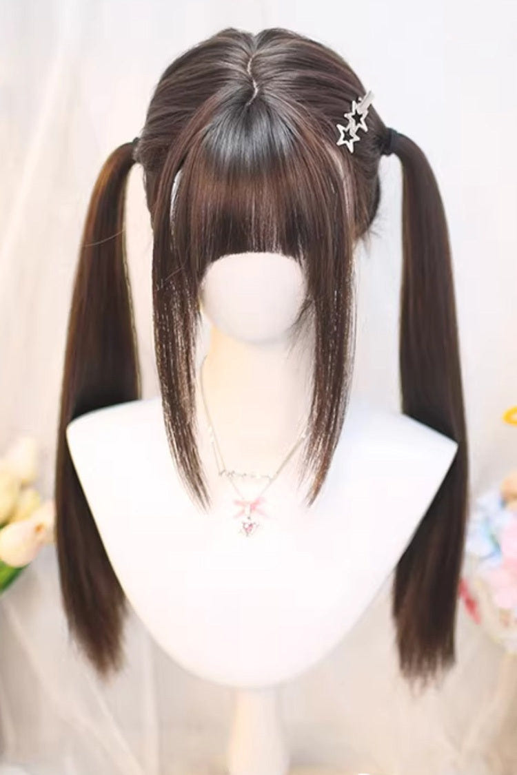 Cute Sweet Girl JK Long Straight Double Ponytail Wig with Neat Bangs 2 Colors - Cool-Brown - 1