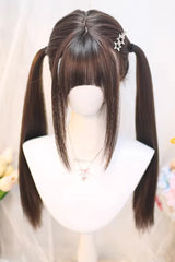 Cute Sweet Girl JK Long Straight Double Ponytail Wig with Neat Bangs 2 Colors - Cool-Brown - 1