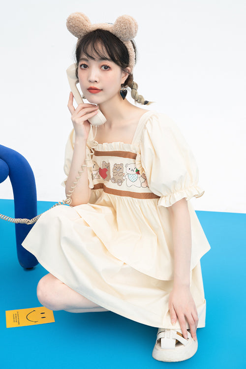 Beige Vintage Square Collar Ruffled Short Sleeves Cartoon Bear Print High Waisted Sweet Lolita Dress - Product - 6