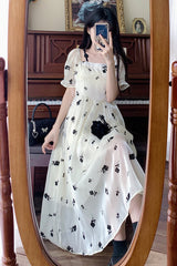 Beige French Square Collar Short Sleeves Rose Print Long Plus Size Sweet Lolita Dress - Product - 5