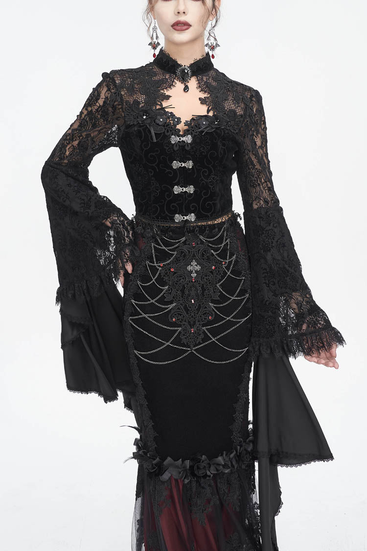 Black Long Trumpet Sleeves Stitching Lace Women's Gothic Blouse - Black - 1