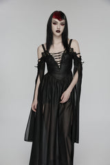 Black Off Shoulder Long Sleeves Embroidered Lace-Up Women's Gothic Elegant Dress Wedding Dress - Product - 1