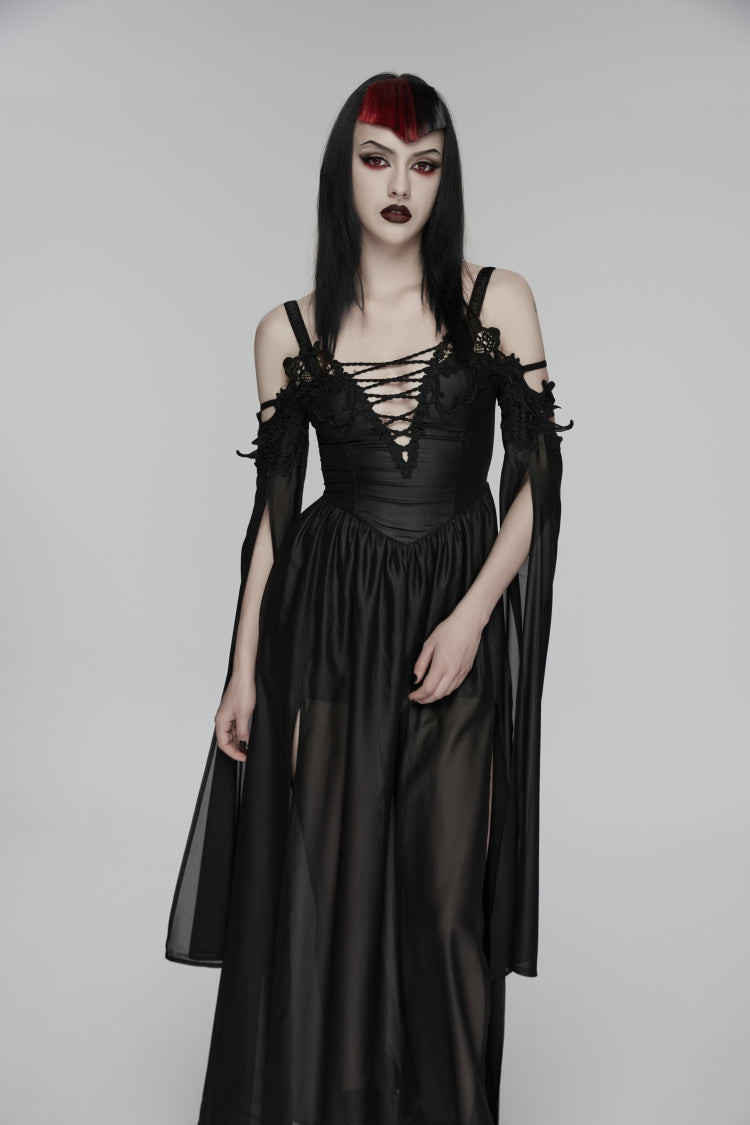 Black Off Shoulder Long Sleeves Embroidered Lace-Up Women's Gothic Elegant Dress Wedding Dress - Product - 1