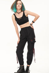Black Punk Casual Skull Webbing Decoration Women's Long Pants - Product - 8