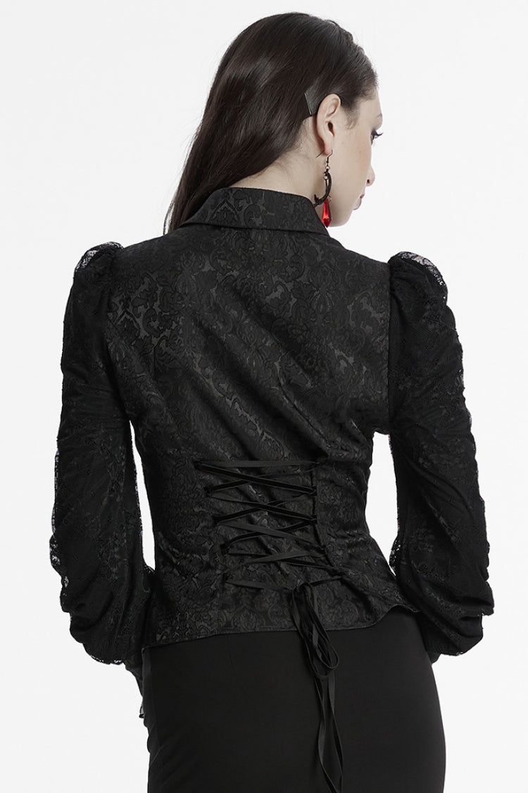 Black V Collar Long Puff Sleeves Lace-Up Zipper Women's Gothic Blouse - Product - 3