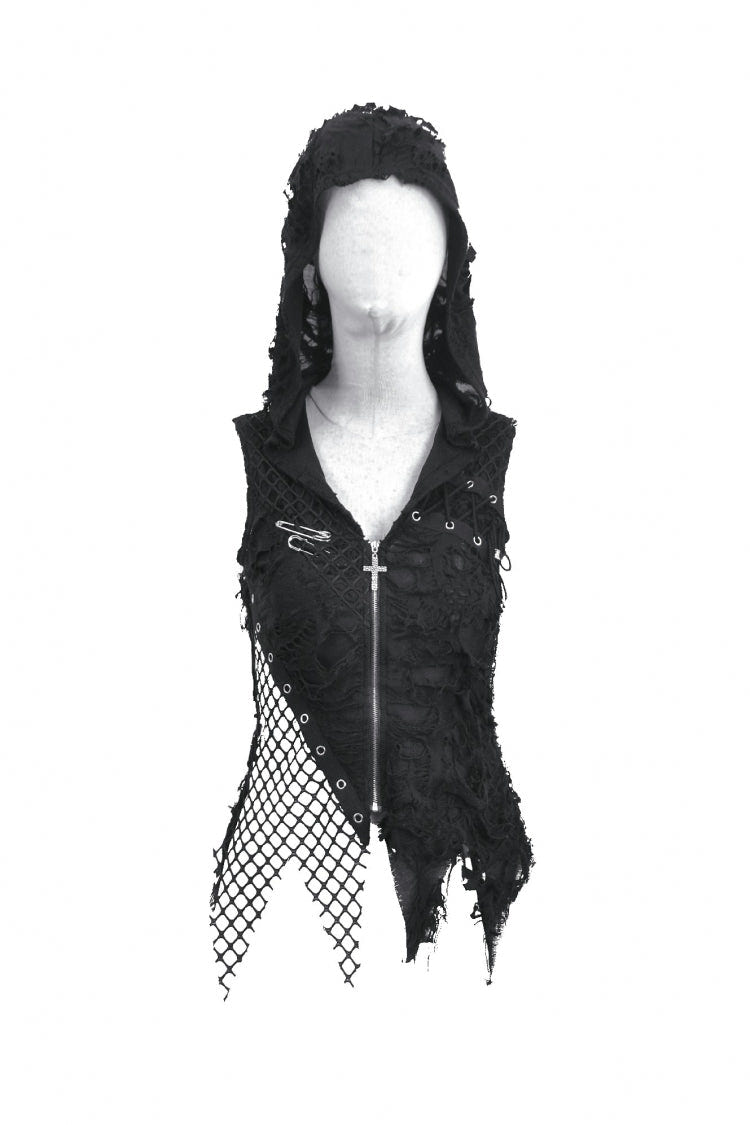 Black Sleeveless Mesh Ripped Asymmetric Zippered Eyelet Women's Punk Hooded Top - Product - 3