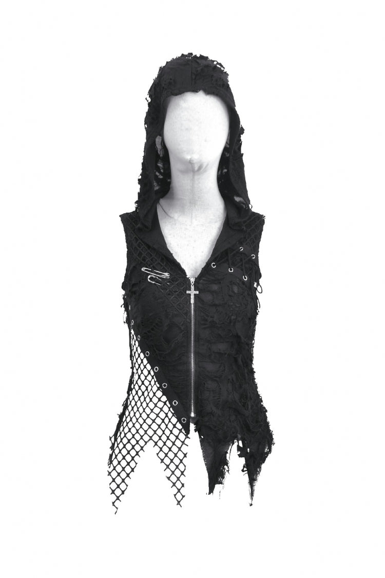 Black Sleeveless Mesh Ripped Asymmetric Zippered Eyelet Women's Punk Hooded Top - Product - 3