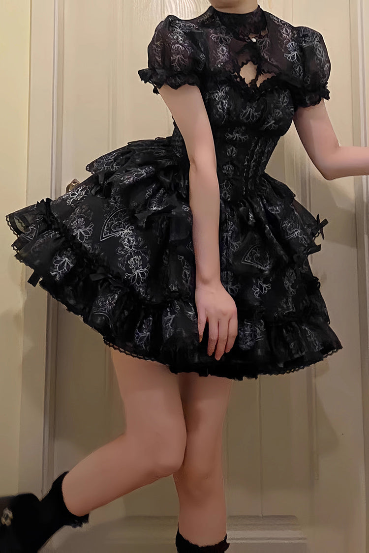Black Multi-layer Ruffle Ballet Bowknot Print Gothic Lolita Jsk Dress - Product - 4