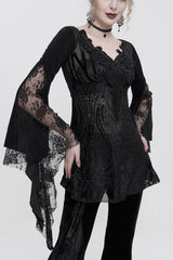 Black V-Neck Beading Lace Flared Cuffs Floral Hip Covered Long Sleeves Women's Gothic T-Shirt - Black - 1