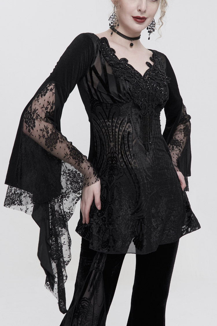 Black V-Neck Beading Lace Flared Cuffs Floral Hip Covered Long Sleeves Women's Gothic T-Shirt - Black - 1