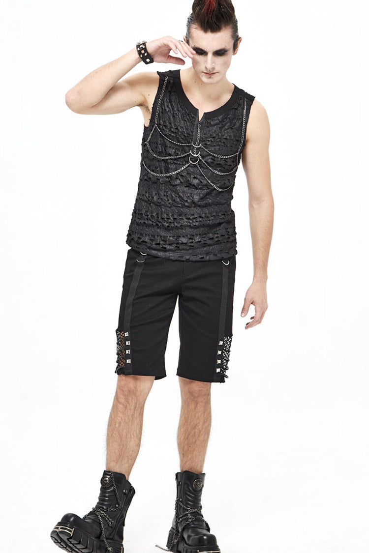 Black Broken Holes Thick Stripes Chest Chain Knit Men's Punk Vest - Product - 6