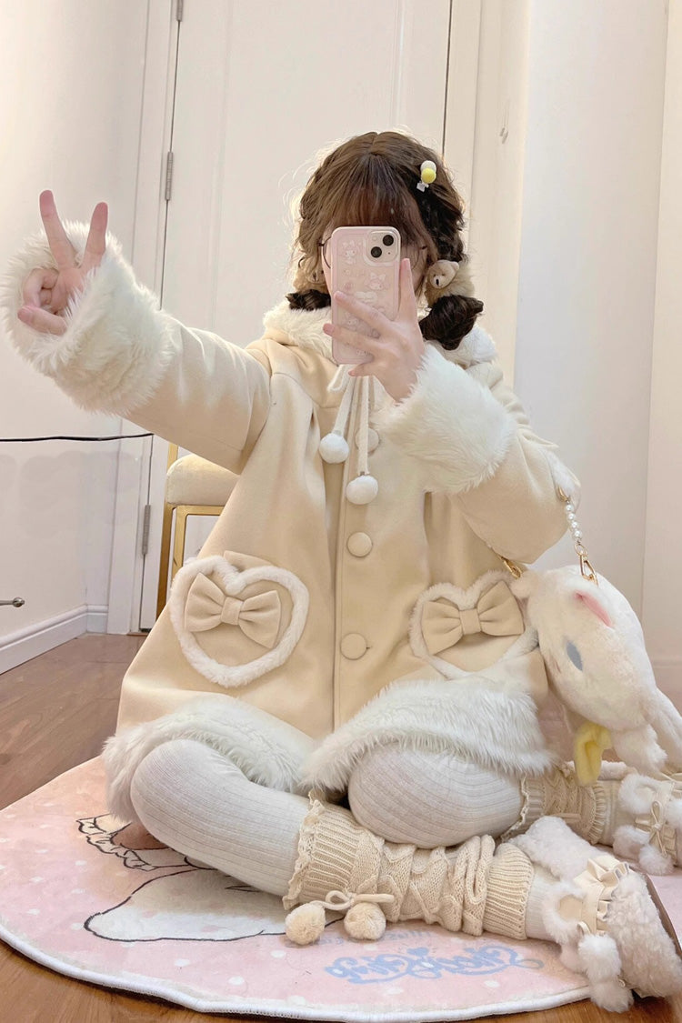 Light Yellow Woolen Rabbit Ears Single-breasted Bowknot Sweet Princess Lolita Coat - Product - 4