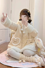 Light Yellow Woolen Rabbit Ears Single-breasted Bowknot Sweet Princess Lolita Coat - Product - 4