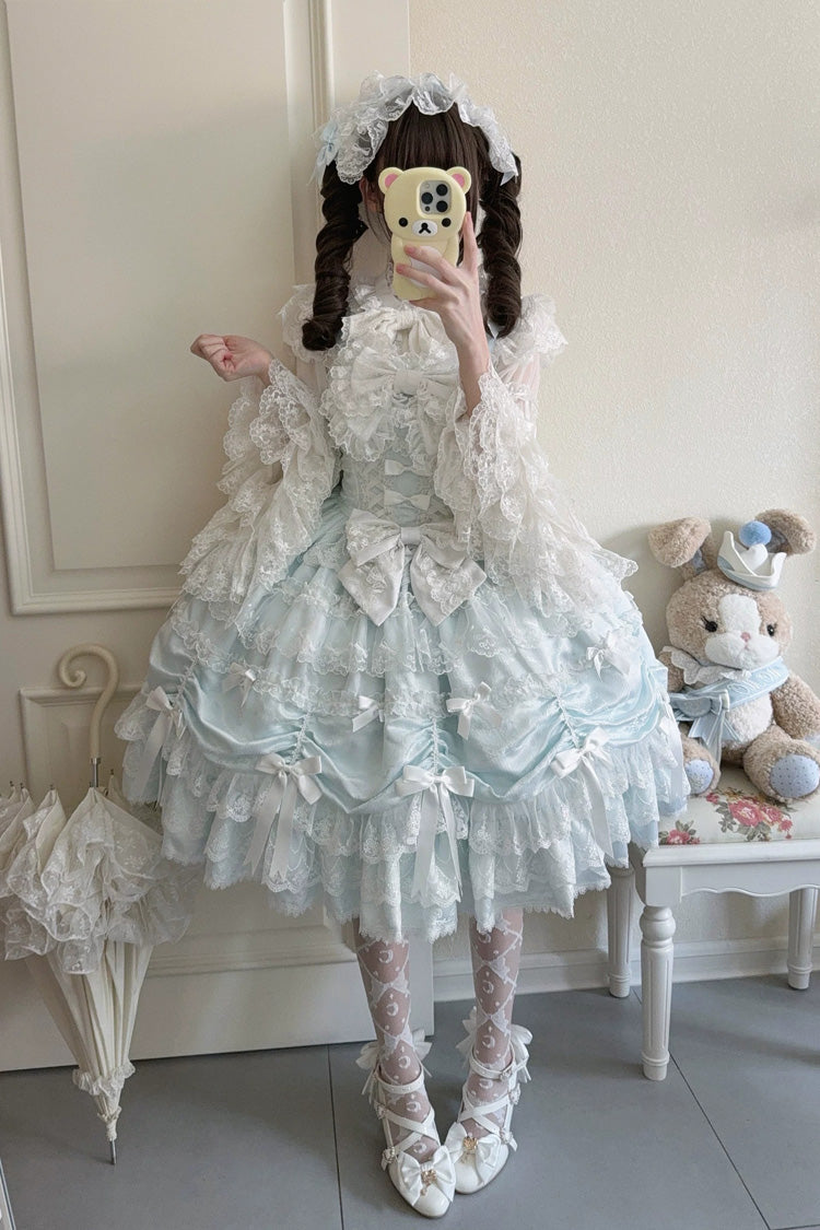 Blue [Silk Satin Gift Box] Square Collar Sleeveless Multi-Layered Ruffled Bow Lace Sweet Lolita Jsk Dress - Product - 2