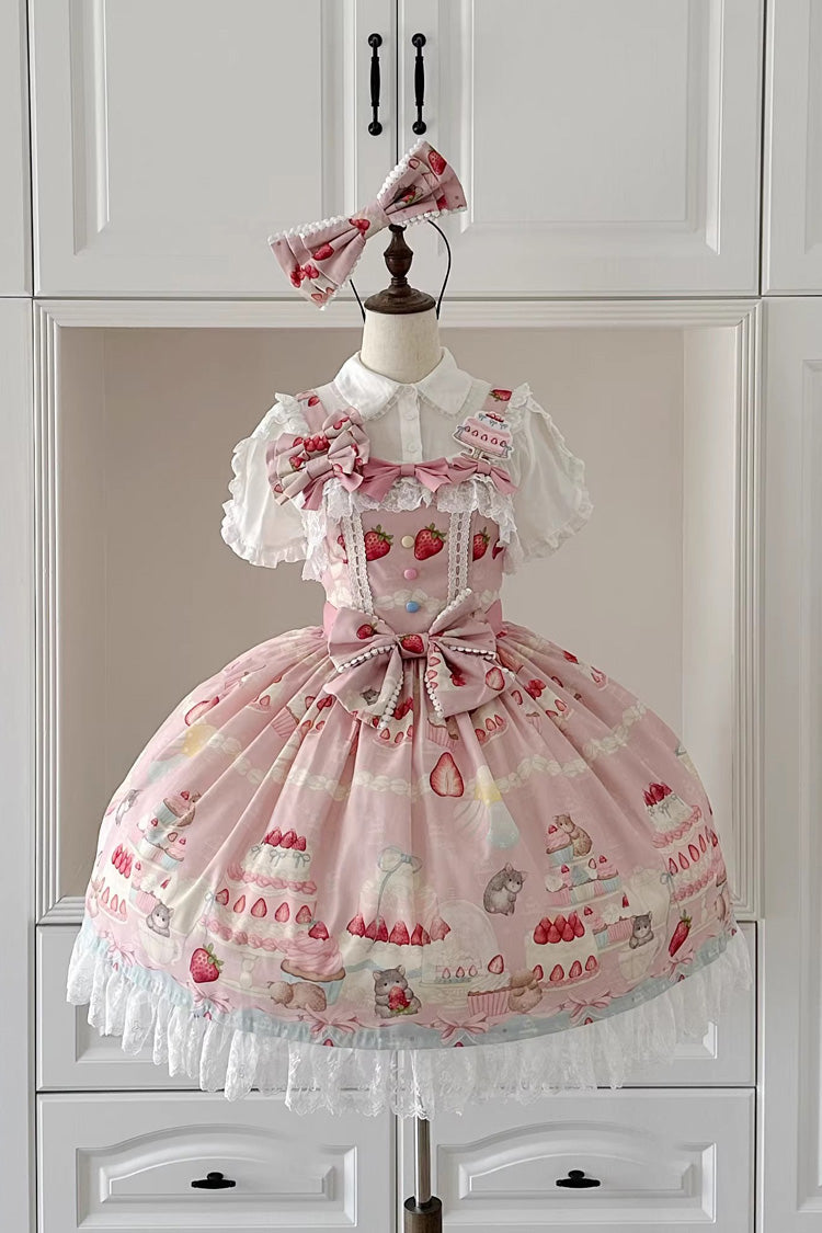 [Little Mouse Strawberry Cake] Sleeveless Printed Ruffled Bow Lace Sweet Lolita Jsk Dress 3 Colors - Pink - 1