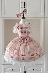[Little Mouse Strawberry Cake] Sleeveless Printed Ruffled Bow Lace Sweet Lolita Jsk Dress 3 Colors - Pink - 1