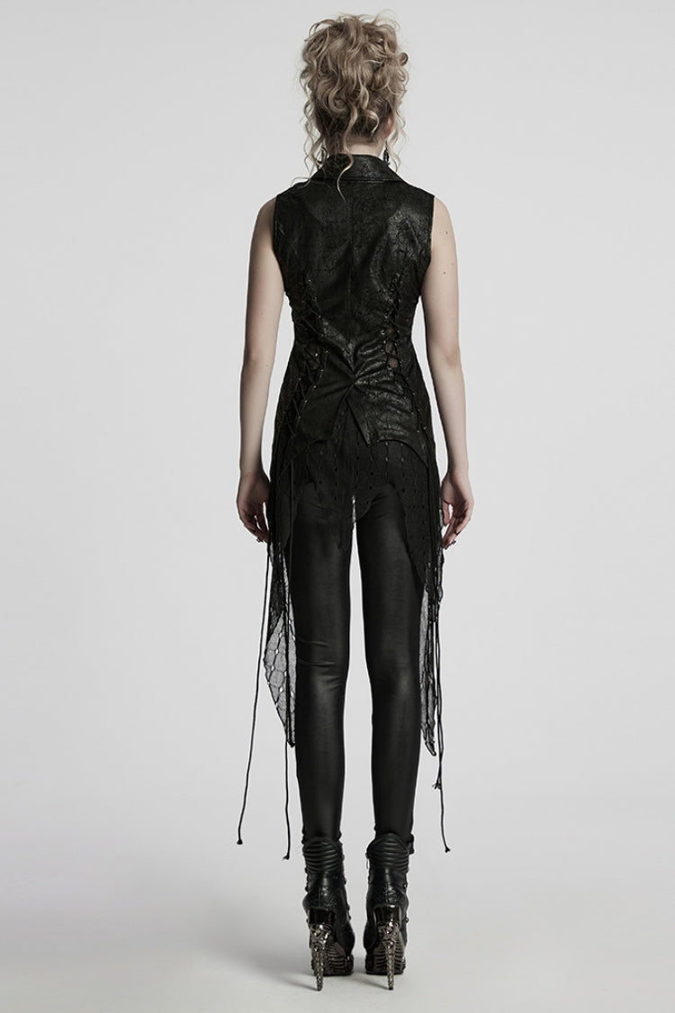 Black V Collar Sleeveless Stitching Lace-Up Irregular Mesh Women's Gothic Long Vest - Product - 3