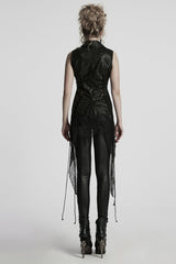 Black V Collar Sleeveless Stitching Lace-Up Irregular Mesh Women's Gothic Long Vest - Product - 3