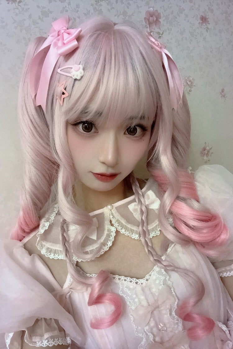 Cream Pink Ombre Roman Curl Twintails Sweet Lolita Wig Set - Product - 4