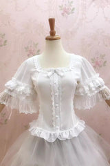 White Square Collar Short Hime Sleeves Lace Sweet Lolita Blouse - White - 1