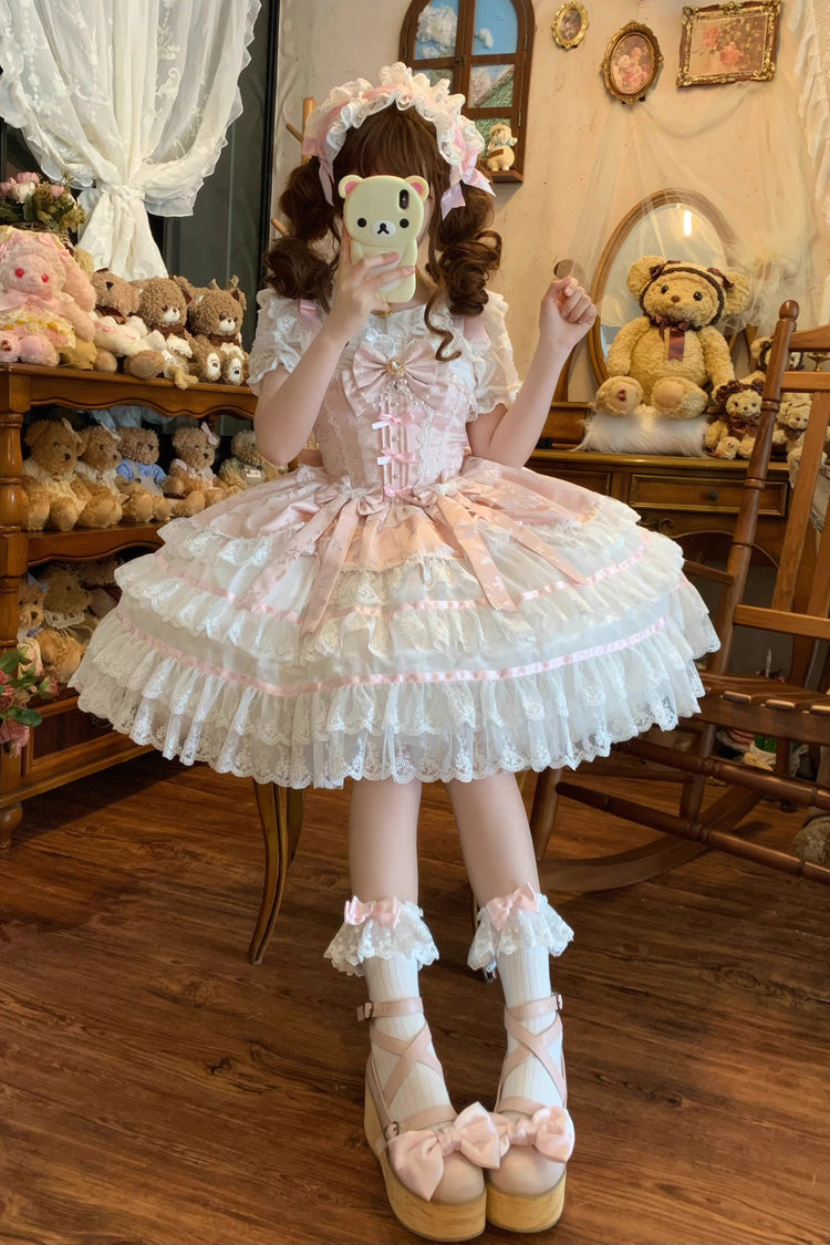 Pink [Snow Kissed Romance] Sleeveless High Waisted Multi-Layered Bowknot Lace Pearl Sweet Ballet Lolita Jsk Dress - Product - 7