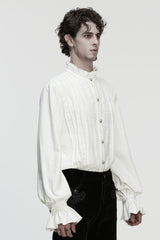 White Stand Collar Long Sleeves Ruffle Embroidery Pleated Men's Gothic Blouse - Product - 2