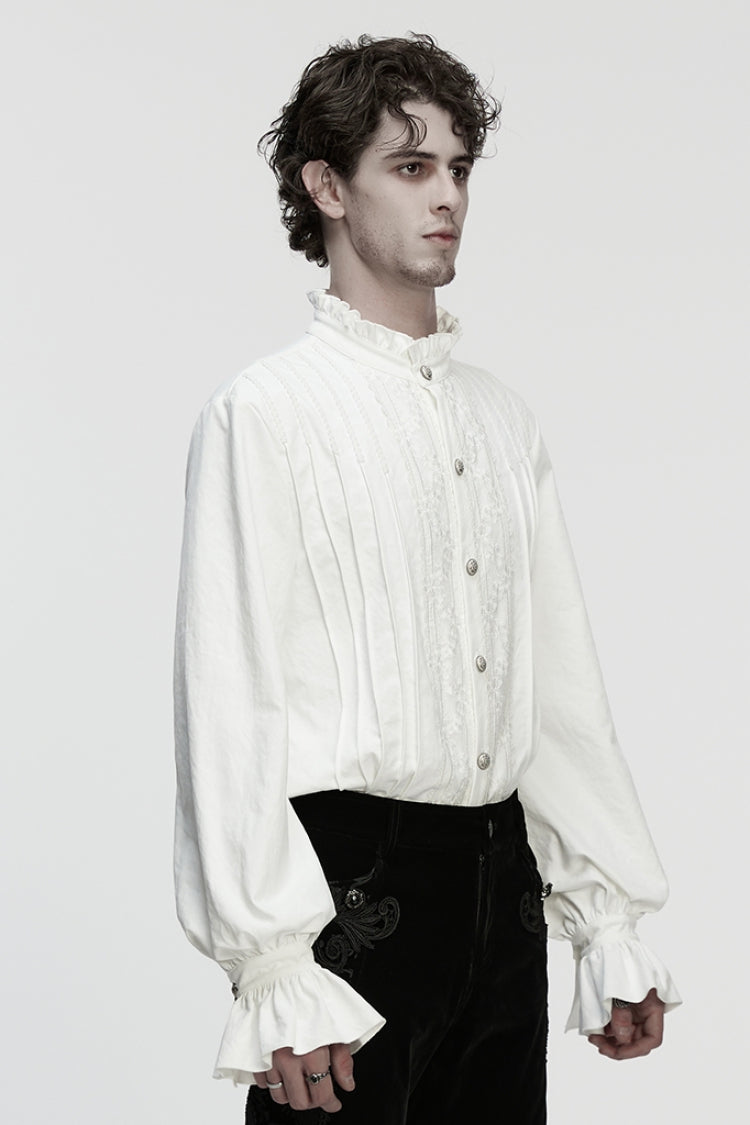 White Stand Collar Long Sleeves Ruffle Embroidery Pleated Men's Gothic Blouse - Product - 2