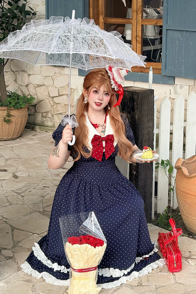 Blue V Collar Short Sleeves Polka Dot Printed Ruffled Bow Lace Classic Plus Size Preppy Style Lolita Dress - Product - 9