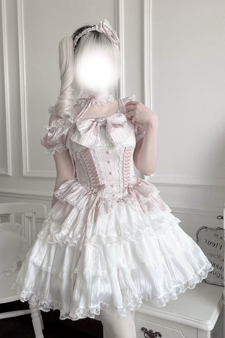 Pink/White [Pearl Nocturne] Square Collar Flutter Sleeves Multi-Layered Printed Ruffled Bow Lace Sweet Japanese Lolita Dress - Product - 8