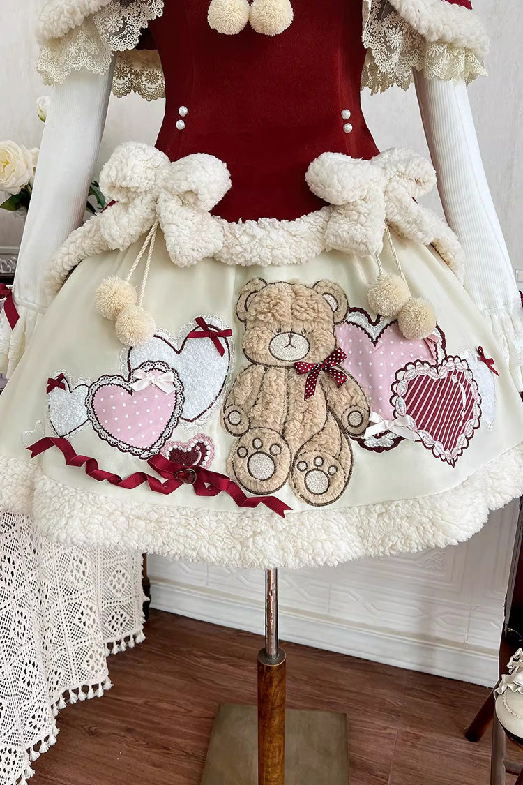 Red [New Year] Long Sleeves Embroidered Bow Lace Sweet Lolita Skirt and Rabbit Ears Cloak Set - Product - 11