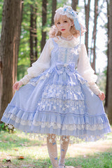 Blue Headbow Lace Ruffled Hanayome Sweet Lolita JSK Tiered Dress - Product - 5